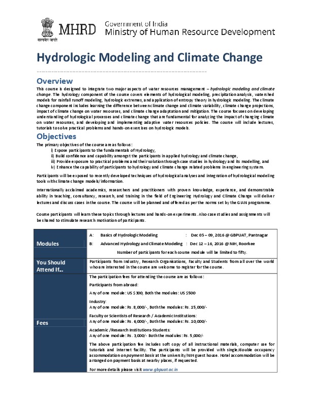 Course on  "Hydrologic Modeling and Climate Change"