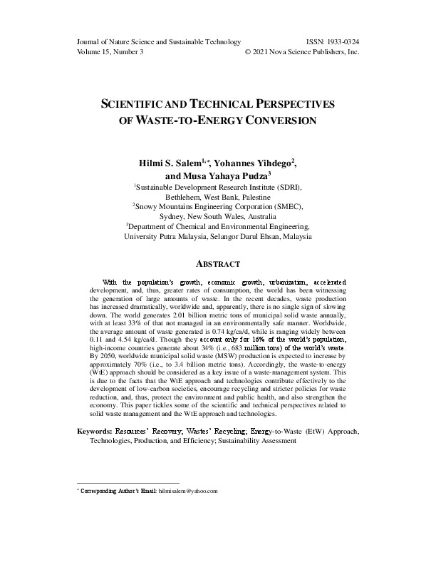 Scientific and Technical Perspectives of Waste-to-Energy Conversion. Journal of Nature Science and Sustainable Technology