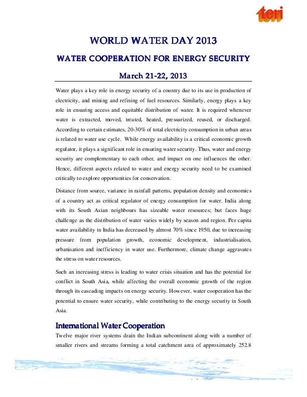 World Water Day Background Note on ‘Water Cooperation for Energy Security’ - 2013