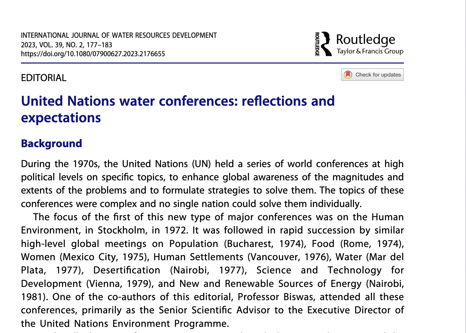 UNITED NATIONS WATER CONFERENCES: REFLECTIONS AND EXPECTATIONS. See our views on Mar del Plata water conference, organised in 1977, and what can...