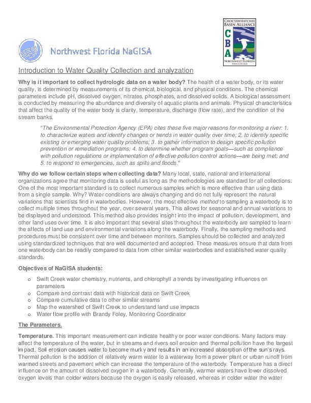 Introduction to Water Quality Collection and analyzation, Northwest Florida NaGISA