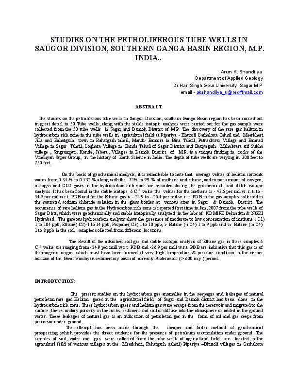STUDIES ON THE PETROLIFEROUS TUBE WELLS IN SAUGOR DIVISION, SOUTHERN GANGA BASIN REGION, M.P. INDIA.