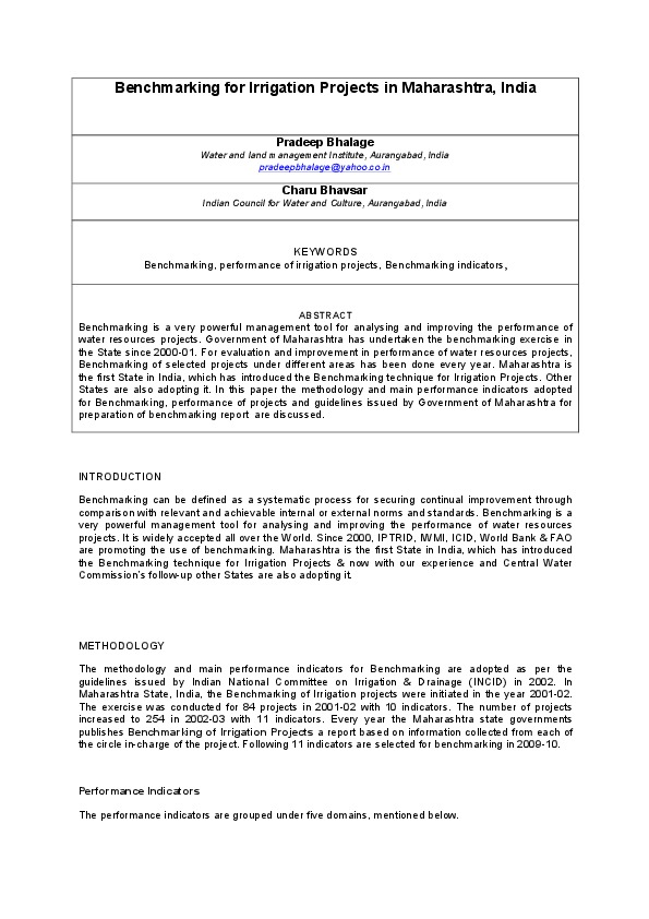Benchmarking for Irrigation Projects in Maharashtra, India