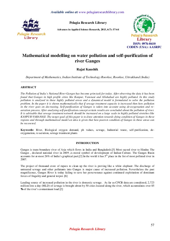 Mathematical modelling on water pollution and self-purification of river Ganges