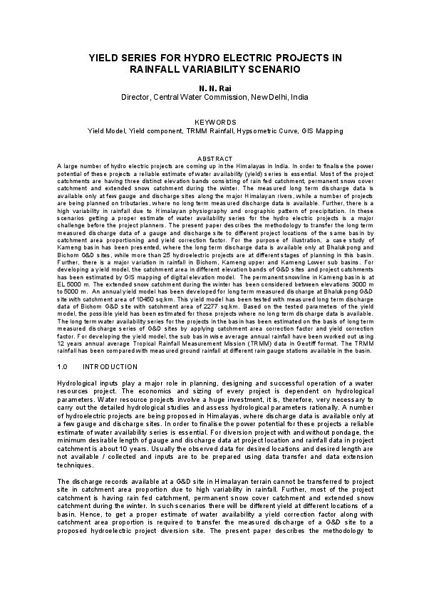 YIELD SERIES FOR HYDRO ELECTRIC PROJECTS IN RAINFALL VARIABILITY SCENARIO