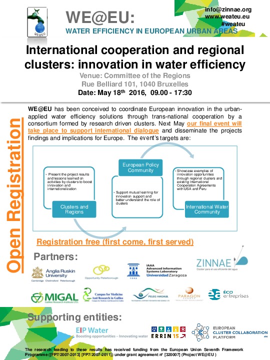 International Cooperation and Regional Clusters: Innovation in Water efficiency Following the success of the&nbsp;WE@EU project&nbsp;which comes...