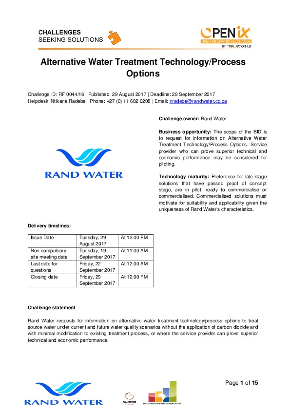 Request for Information on Alternative Water Treatment Technology/Process Options Rand Water is a South African water utility that supplies pota...