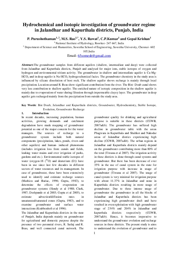 Hydrochemical and isotopic investigation of groundwater regime in Jalandhar and Kapurthala districts, Punjab, India