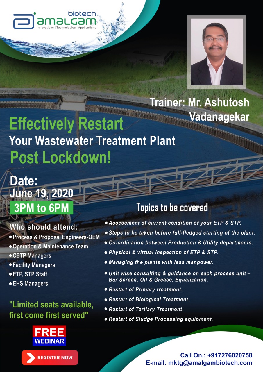 Hi there,You are invited to a Zoom webinar.When: Jun 19, 2020 03:00 PM Mumbai, Kolkata, New DelhiTopic: Effectively Restart your Waste water Tre...