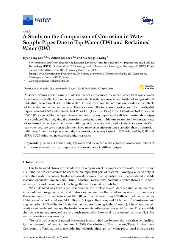 A Study on the Comparison of Corrosion in Water Supply Pipes Due to Tap Water and Reclaimed Water