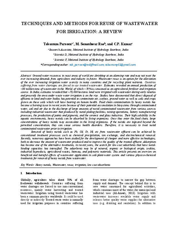 TECHNIQUES AND METHODS FOR REUSE OF WASTEWATER FOR IRRIGATION: A REVIEW