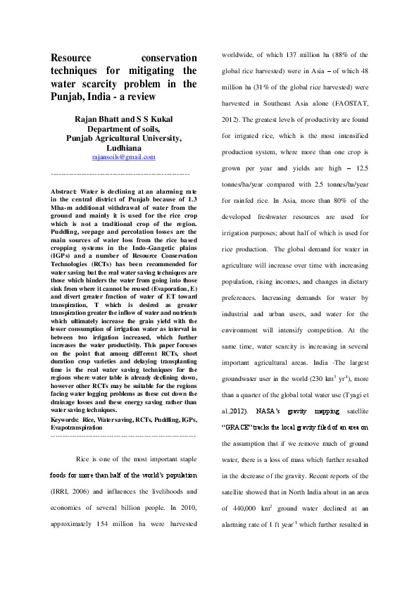 Resource conservation techniques for mitigating the water scarcity problem in the Punjab, India - a review