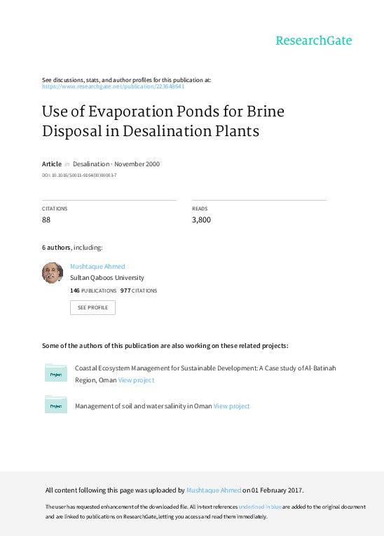Use of Evaporation Ponds for Brine Disposal in Desalination Plants