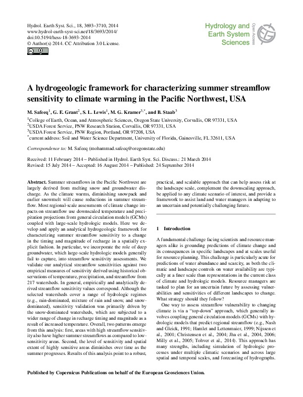 A hydrogeologic framework for characterizing summer streamflow sensitivity to climate warming in the Pacific Northwest, USA