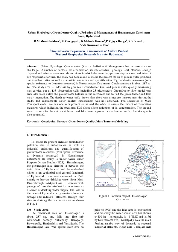 Urban Hydrology, Groundwater Quality, Pollution & Management of Hussainsagar Catchment Area, Hyderabad