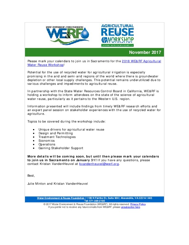 Save the Date - Agricultural Water Reuse Workshop