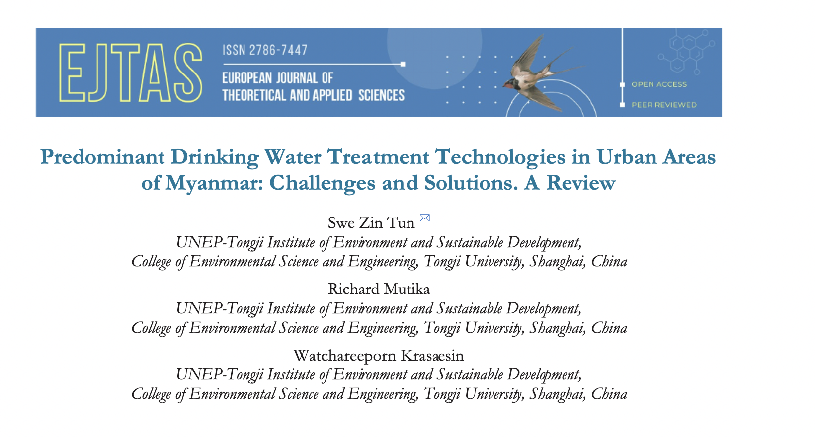 Predominant Drinking Water Treatment Technologies in Urban Areas of Myanmar