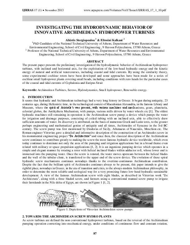 Investigating The Hydrodynamic Behavior Of Innovative Archimedean Hydropower Turbines - 2013