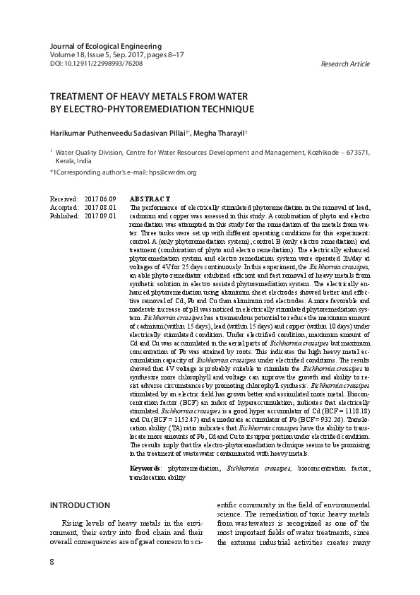 Treatment of Heavy Metals from Water by Electro-phytoremediation Technique