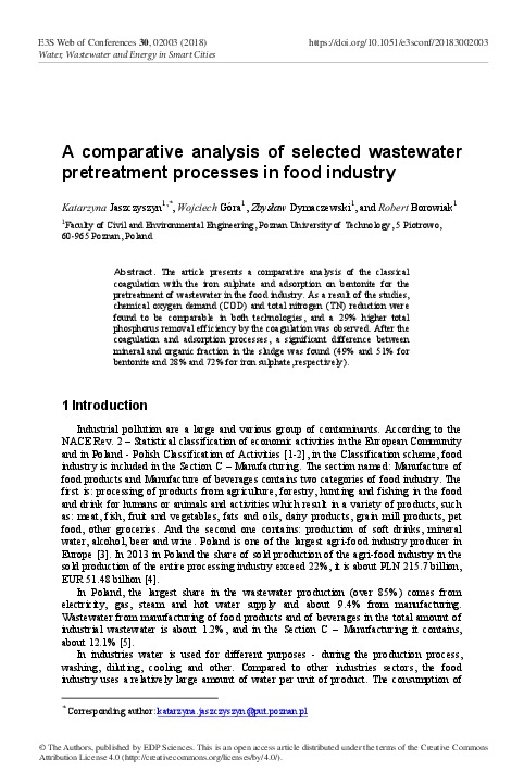 A Comparative Analysis of Selected Wastewater Pretreatment Processes in Food Industry