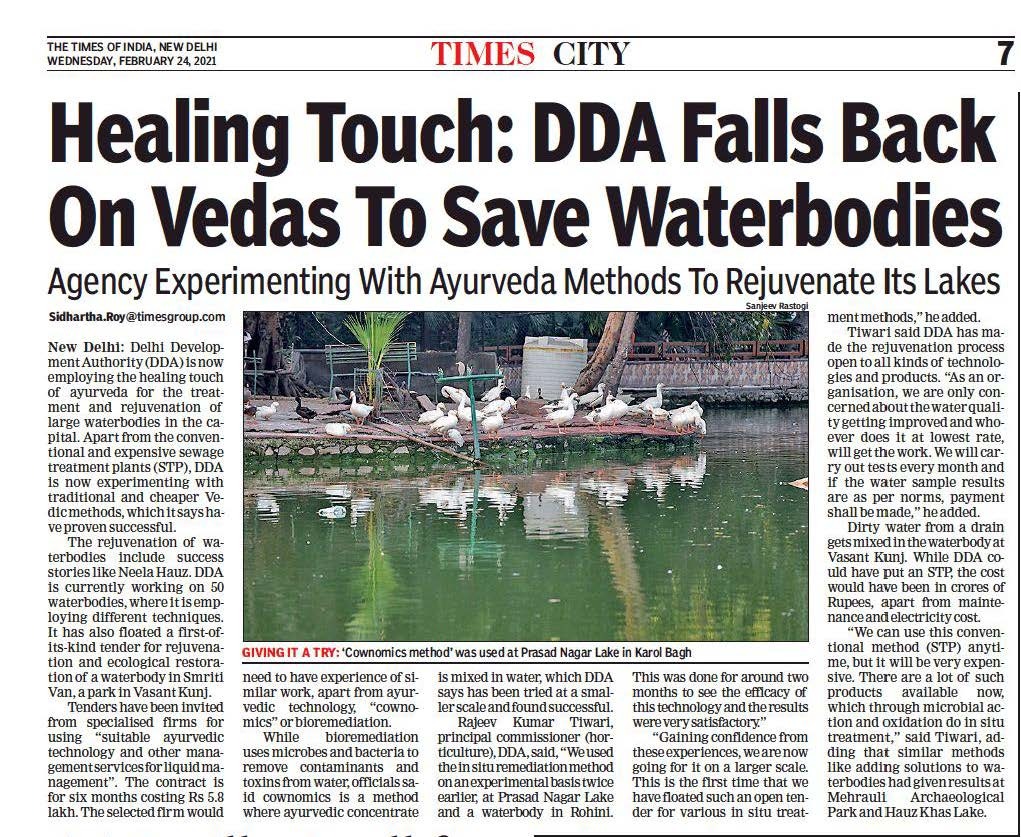 Today&rsquo;s Times of India, Delhi edition, published a detailed news on Cownomics Technology for Waterbody Rejuvenation, giving defence to the two...