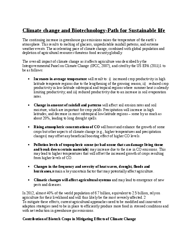 Climate change and Biotechnology-Path for Sustainable life
