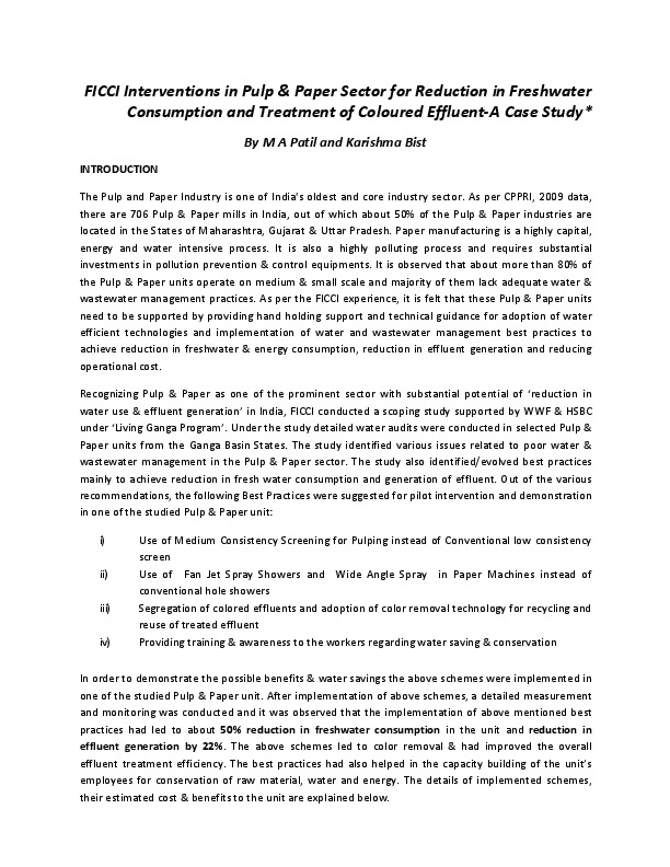 FICCI Interventions in Pulp & Paper Sector for Reduction in Freshwater Consumption and Treatment of Coloured Effluent-­‐A Case Study*