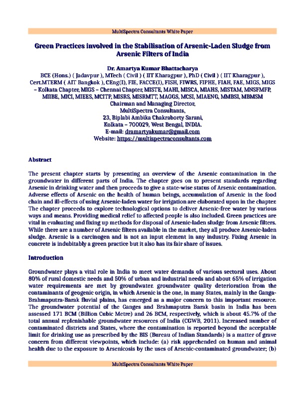 Green Practices involved in the Stabilisation of Arsenic-Laden Sludge from Arsenic Filters of India