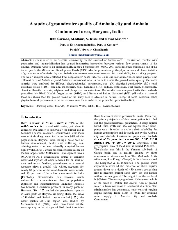 A study of groundwater quality of Ambala city and Ambala Cantonment area, Haryana, India