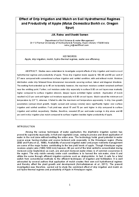 Effect of Drip Irrigation and Mulch on Soil Hydrothermal Regimes and Productivity of Apple (Malus Domestica Borkh cv. Oregon Spur)