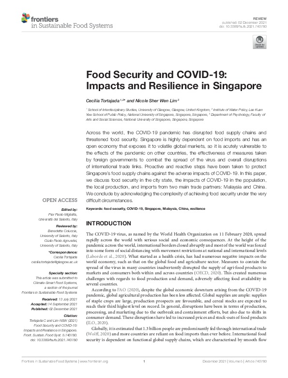 Food Security and COVID-19: Impacts and Resilience in Singapore