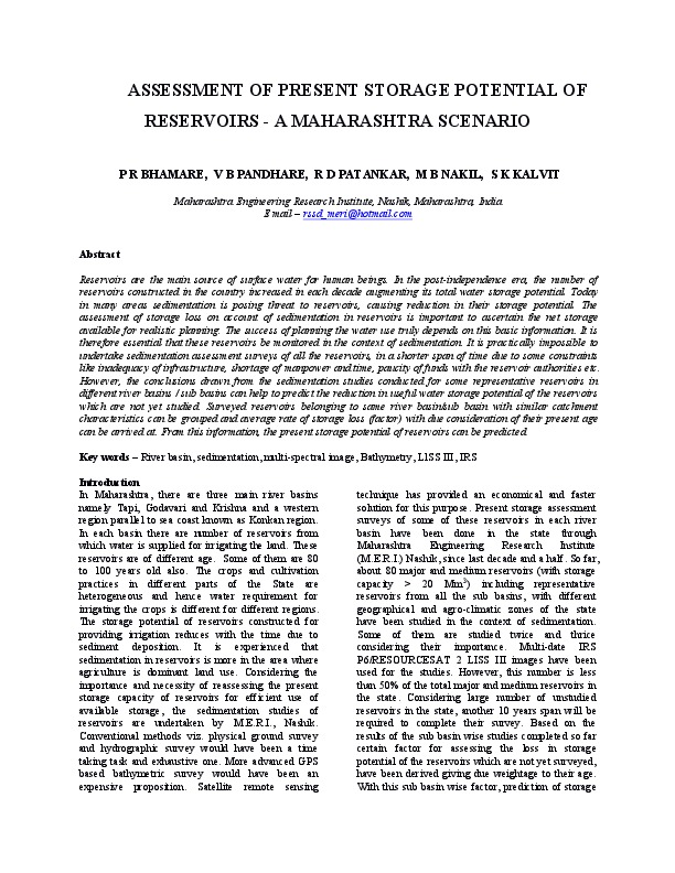 ASSESSMENT OF PRESENT STORAGE POTENTIAL OF RESERVOIRS - A MAHARASHTRA SCENARIO