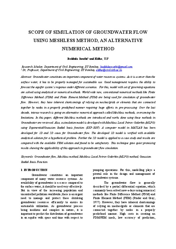 SCOPE OF SIMULATION OF GROUNDWATER FLOW USING MESHLESS METHOD, AN ALTERNATIVE NUMERICAL METHOD