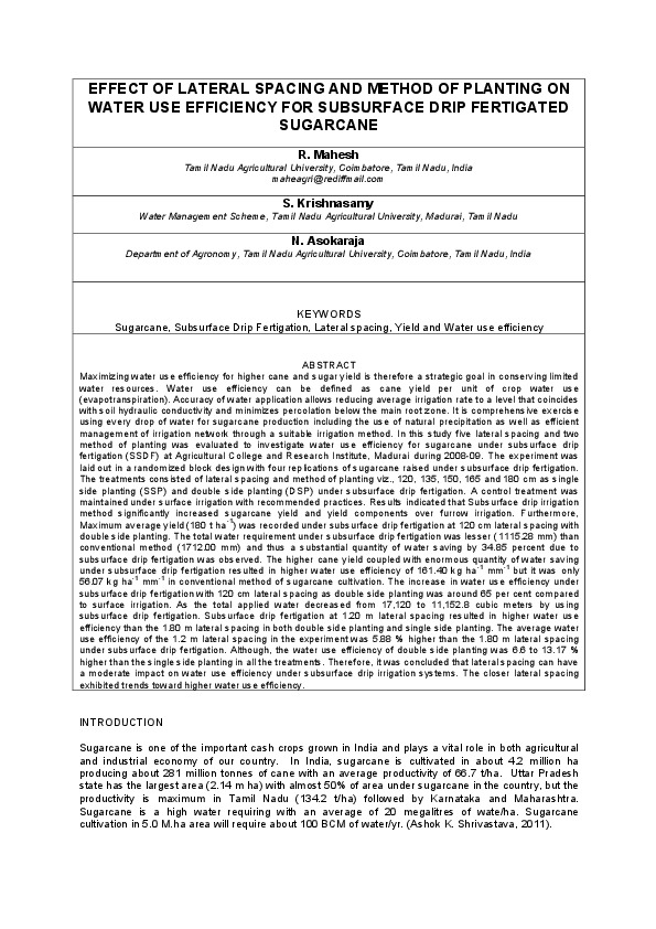 EFFECT OF LATERAL SPACING AND METHOD OF PLANTING ON WATER USE EFFICIENCY FOR SUBSURFACE DRIP FERTIGATED SUGARCANE