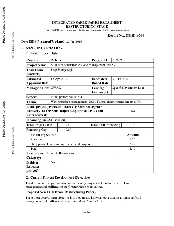 Integrated Safeguards Data Sheet Restructuring Stage