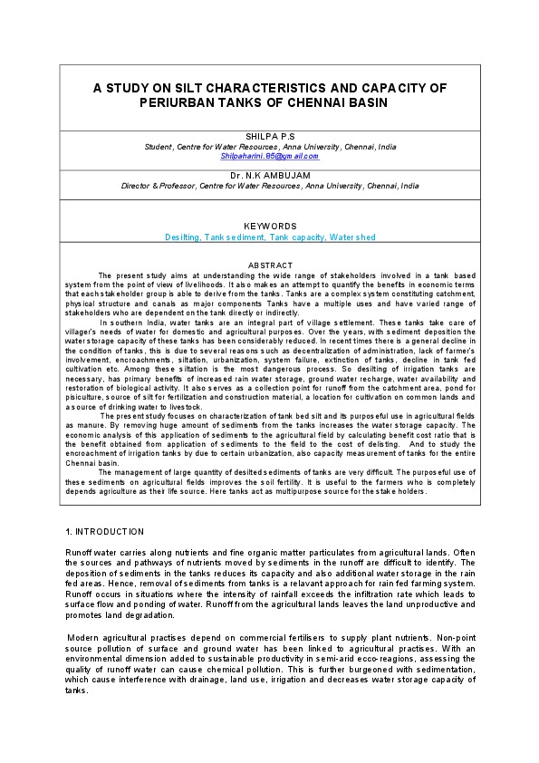 A STUDY ON SILT CHARACTERISTICS AND CAPACITY OF PERIURBAN TANKS OF CHENNAI BASIN