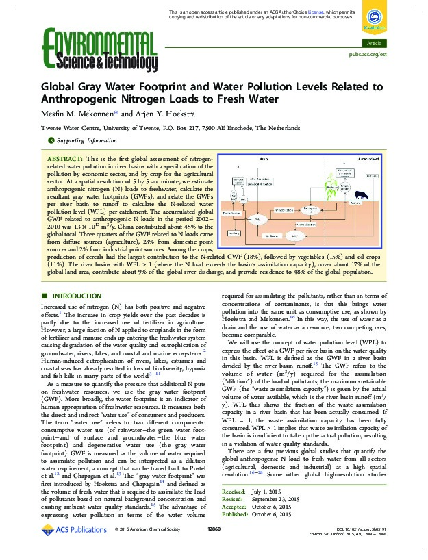 Gray Water Footprint and Pollution Levels Related to Anthropogenic Nitrogen Loads to Fresh Water