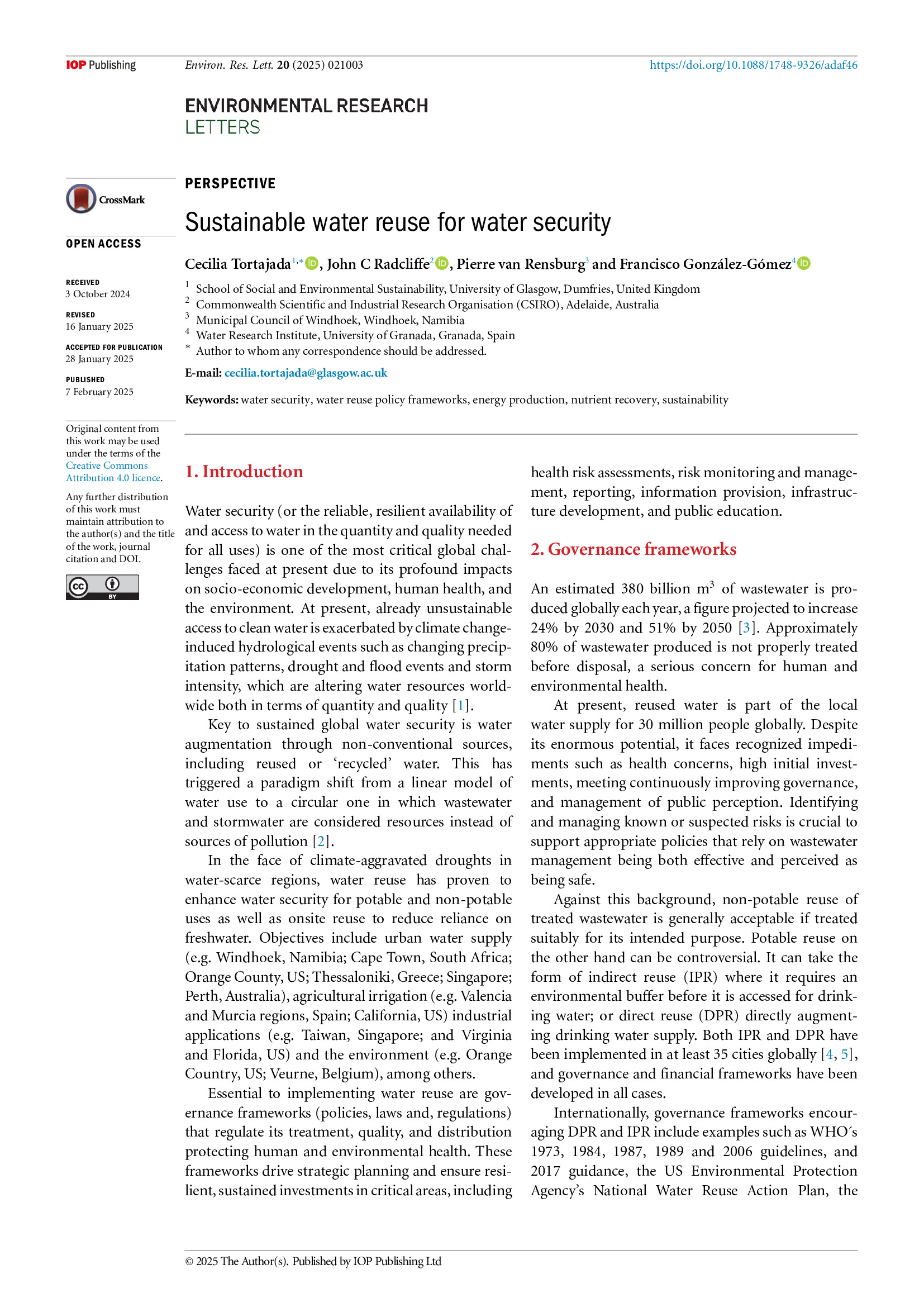 Sustainable water reuse for water security