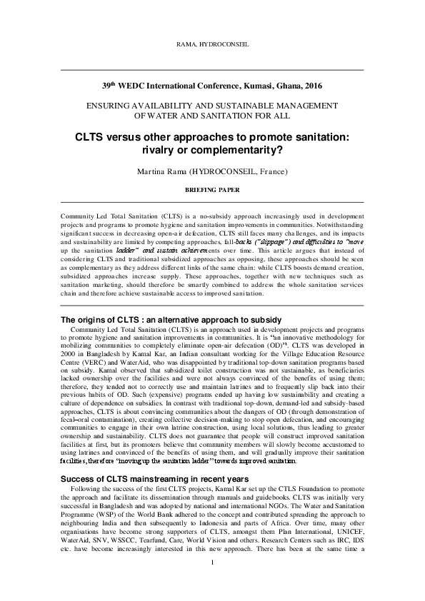 CLTS versus other approaches to promote sanitation: rivalry or complementarity?