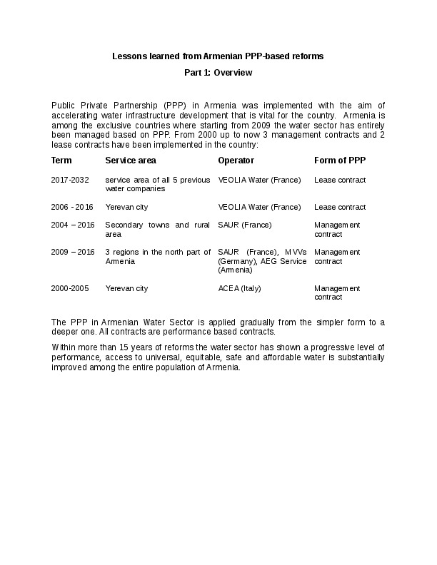 Lessons Learned from Armenian PPP-based Reforms