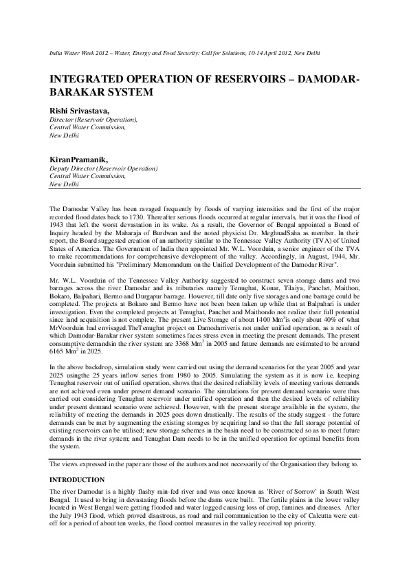 Integrated Operation of Reservoirs - Damodar-Barakar System