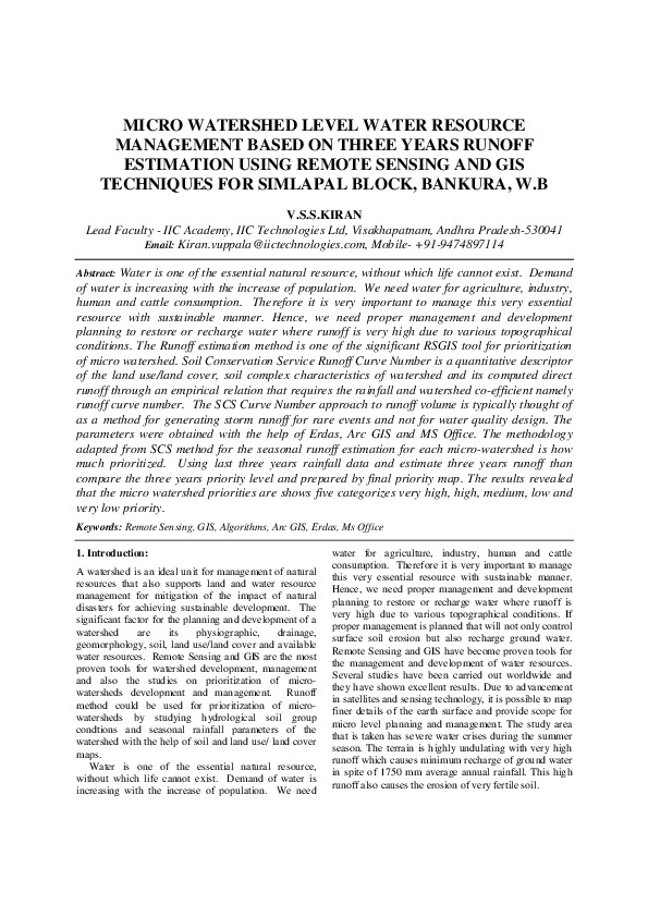 R003: Full Paper_MICRO WATERSHED LEVEL WATER RESOURCE MANAGEMENT BASED ON THREE YEARS RUNOFF ESTIMATION USING REMOTE SENSING & GIS TECHNIQUES FOR SIMLAPAL BLOCK, BANKURA, WB