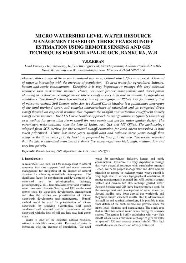 R003: Full Paper_MICRO WATERSHED LEVEL WATER RESOURCE MANAGEMENT BASED ON THREE YEARS RUNOFF ESTIMATION USING REMOTE SENSING & GIS TECHNIQUES FOR SIMLAPAL BLOCK, BANKURA, WB