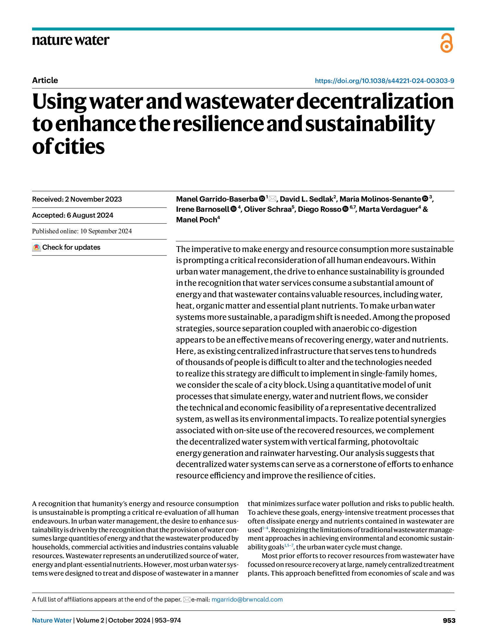 Using water and wastewater decentralization to enhance the resilience and sustainability of cities - Nature WaterAbstractThe imperative to make ...