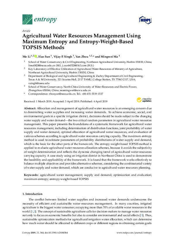 Agricultural Water Resources Management Using Maximum Entropy & Entropy-Weight-Based TOPSIS Methods