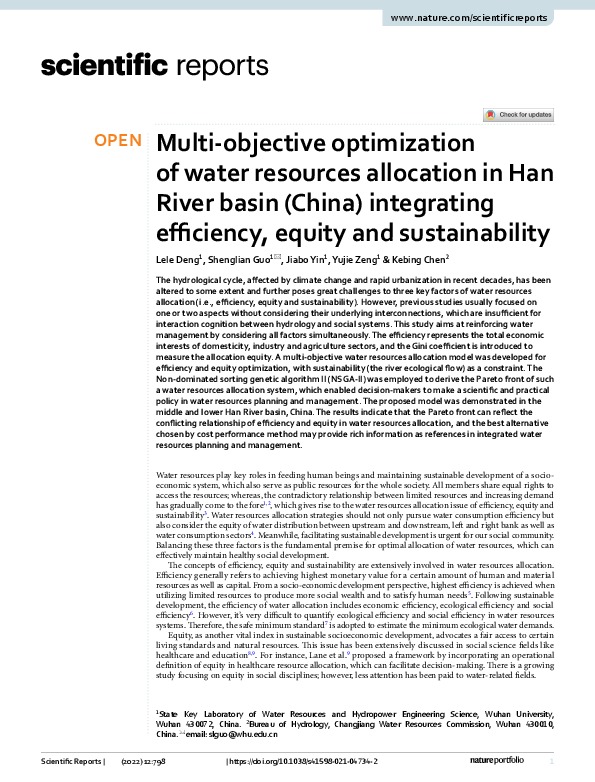 Multi‑objective optimization of water resources allocation in Han River basin