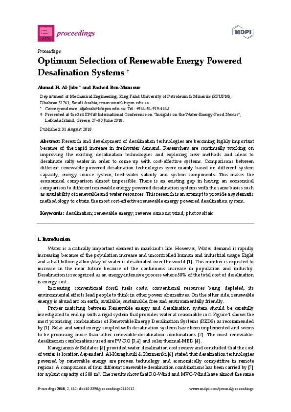 Optimum Selection of Renewable Energy Powered Desalination Systems