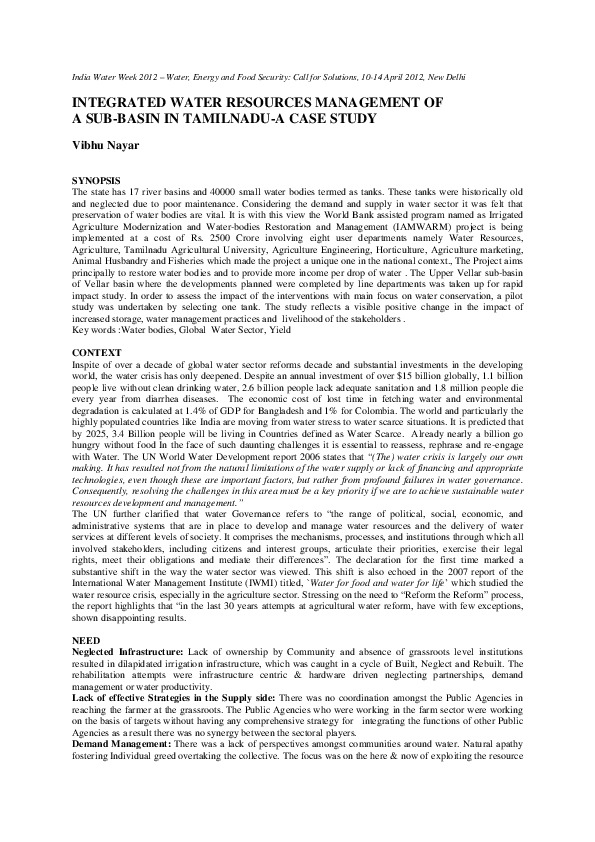 Integrated Water Resources Management of a Sub-Basin in Tamilnadu - A Case Study