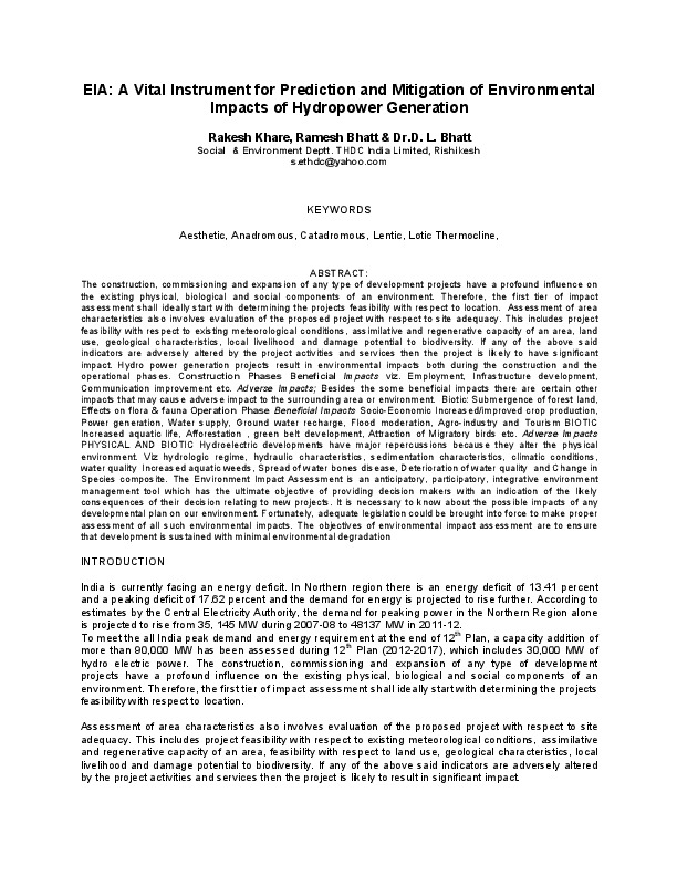 EIA: A Vital Instrument for Prediction and Mitigation of Environmental Impacts of Hydropower Generation