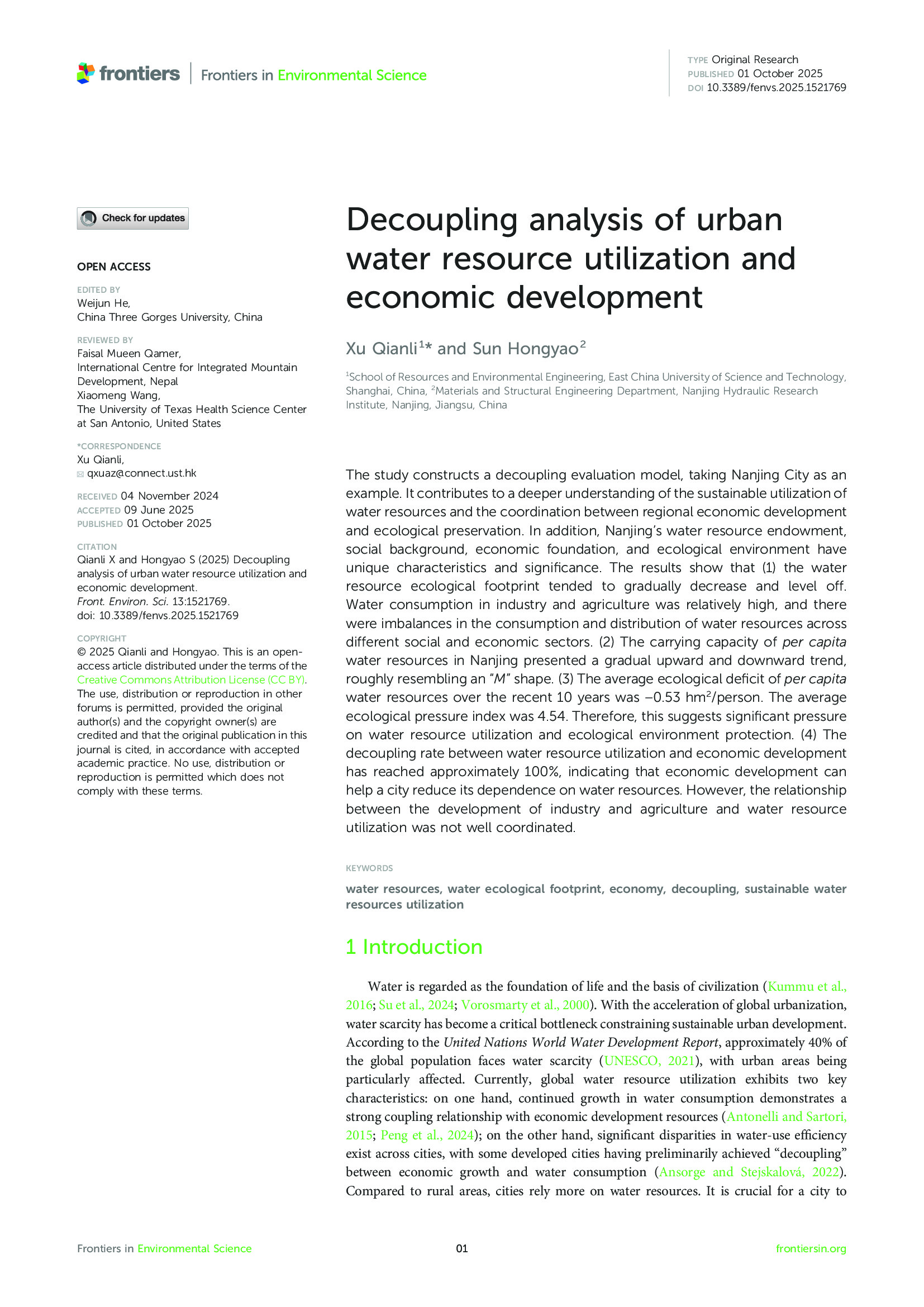 Decoupling analysis of urban water resource utilization and economic development